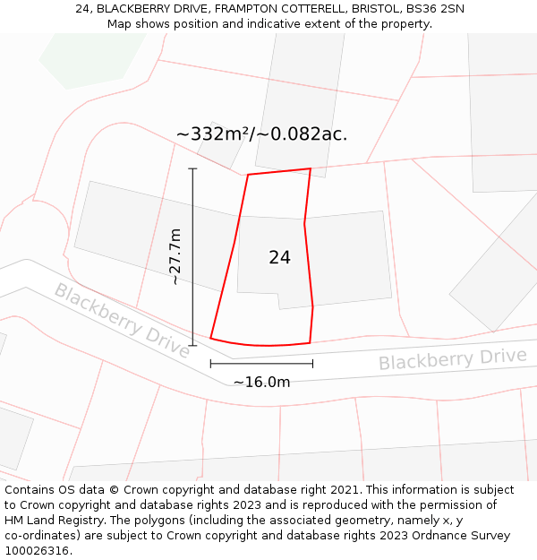 24, BLACKBERRY DRIVE, FRAMPTON COTTERELL, BRISTOL, BS36 2SN: Plot and title map