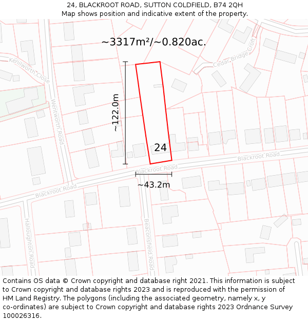 24, BLACKROOT ROAD, SUTTON COLDFIELD, B74 2QH: Plot and title map