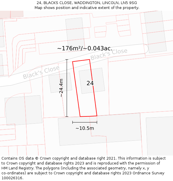 24, BLACKS CLOSE, WADDINGTON, LINCOLN, LN5 9SG: Plot and title map