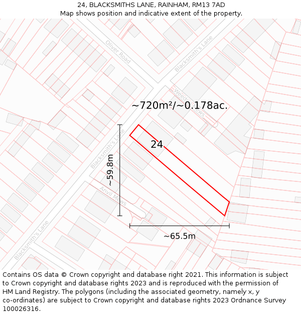 24, BLACKSMITHS LANE, RAINHAM, RM13 7AD: Plot and title map