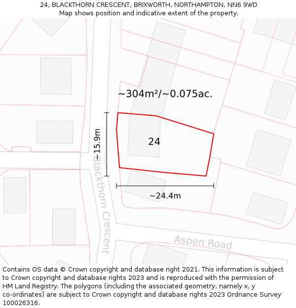 24, BLACKTHORN CRESCENT, BRIXWORTH, NORTHAMPTON, NN6 9WD: Plot and title map