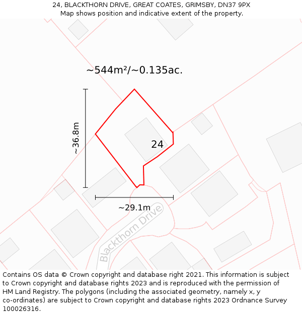24, BLACKTHORN DRIVE, GREAT COATES, GRIMSBY, DN37 9PX: Plot and title map