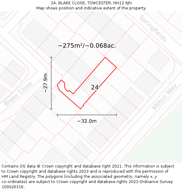 24, BLAKE CLOSE, TOWCESTER, NN12 6JN: Plot and title map