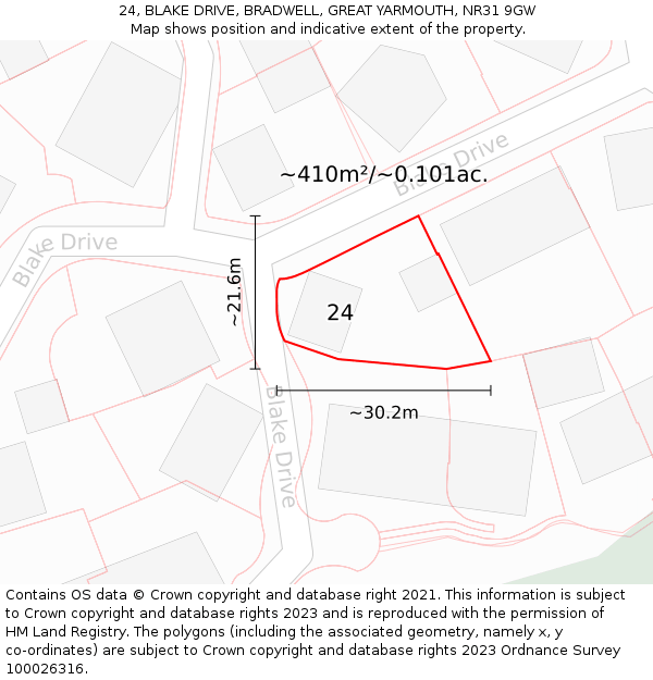 24, BLAKE DRIVE, BRADWELL, GREAT YARMOUTH, NR31 9GW: Plot and title map