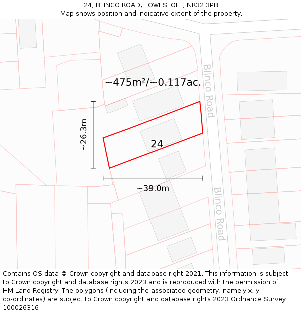 24, BLINCO ROAD, LOWESTOFT, NR32 3PB: Plot and title map