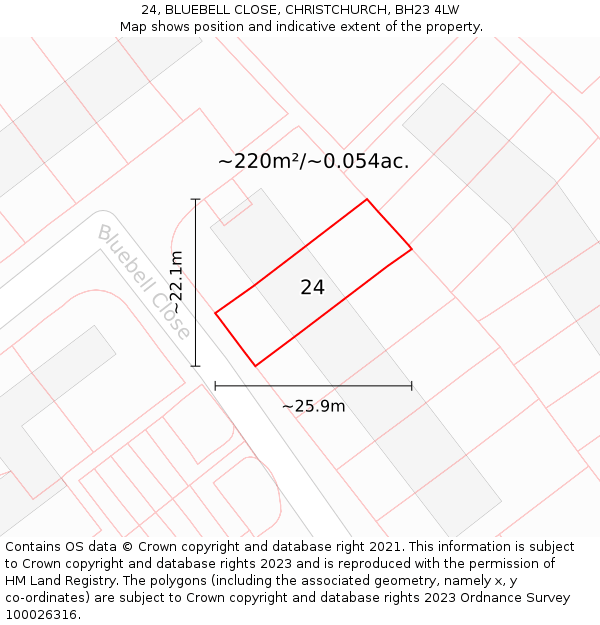 24, BLUEBELL CLOSE, CHRISTCHURCH, BH23 4LW: Plot and title map