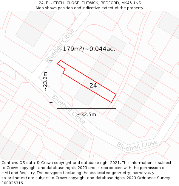 24, BLUEBELL CLOSE, FLITWICK, BEDFORD, MK45 1NS: Plot and title map