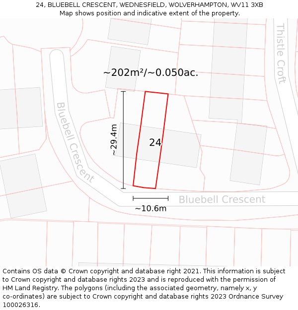 24, BLUEBELL CRESCENT, WEDNESFIELD, WOLVERHAMPTON, WV11 3XB: Plot and title map