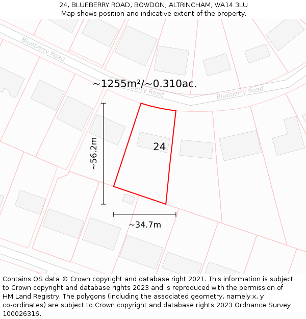 24, BLUEBERRY ROAD, BOWDON, ALTRINCHAM, WA14 3LU: Plot and title map