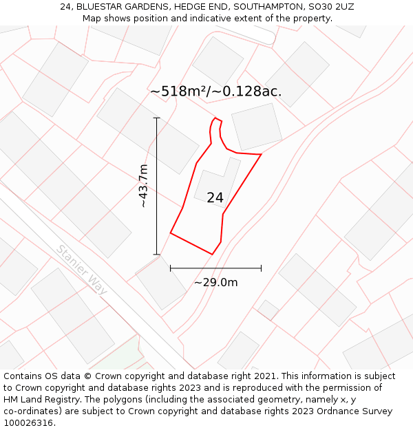 24, BLUESTAR GARDENS, HEDGE END, SOUTHAMPTON, SO30 2UZ: Plot and title map