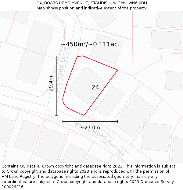 24, BOARS HEAD AVENUE, STANDISH, WIGAN, WN6 0BH: Plot and title map