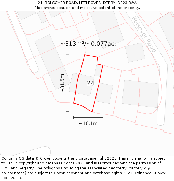 24, BOLSOVER ROAD, LITTLEOVER, DERBY, DE23 3WA: Plot and title map