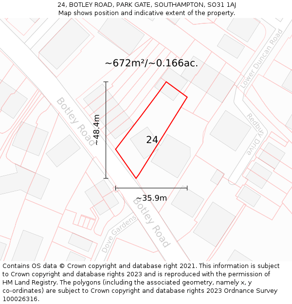 24, BOTLEY ROAD, PARK GATE, SOUTHAMPTON, SO31 1AJ: Plot and title map