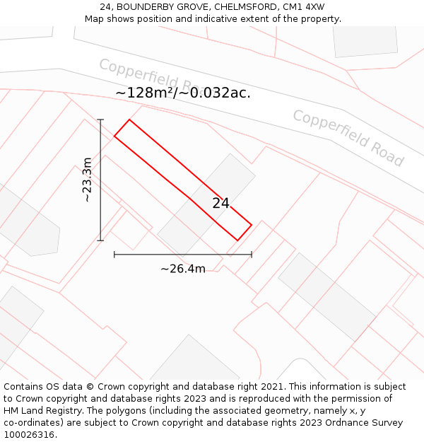 24, BOUNDERBY GROVE, CHELMSFORD, CM1 4XW: Plot and title map