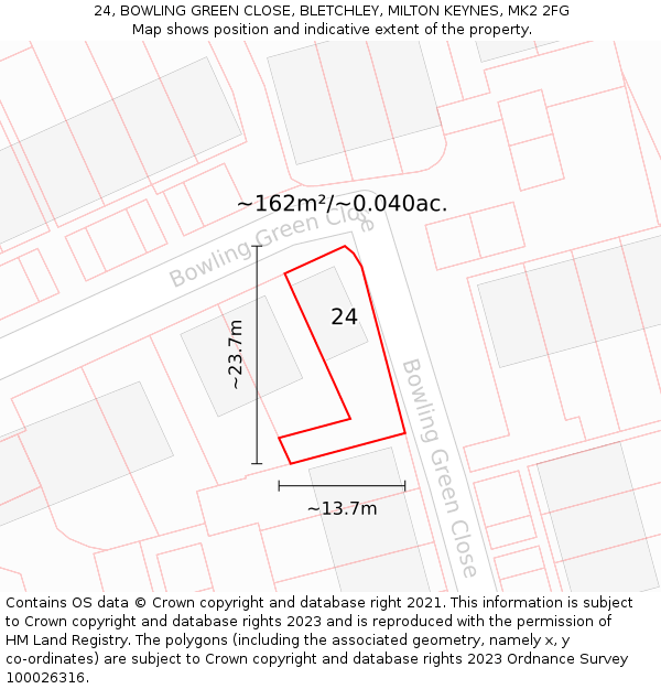 24, BOWLING GREEN CLOSE, BLETCHLEY, MILTON KEYNES, MK2 2FG: Plot and title map