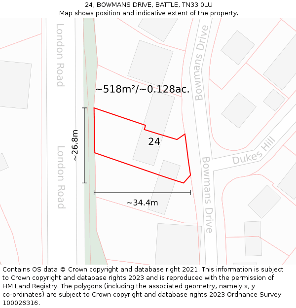 24, BOWMANS DRIVE, BATTLE, TN33 0LU: Plot and title map