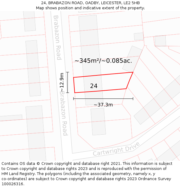 24, BRABAZON ROAD, OADBY, LEICESTER, LE2 5HB: Plot and title map
