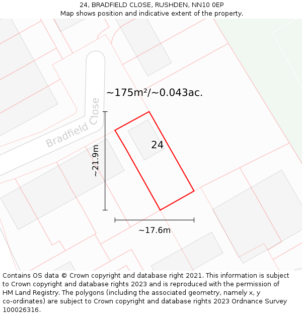 24, BRADFIELD CLOSE, RUSHDEN, NN10 0EP: Plot and title map