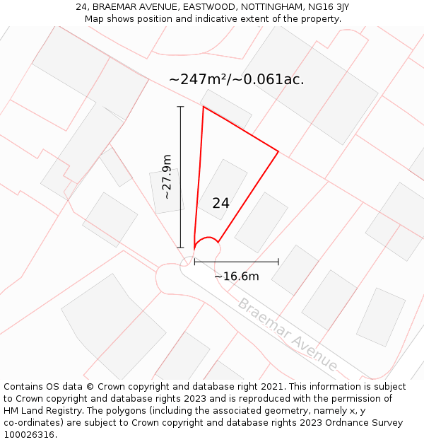 24, BRAEMAR AVENUE, EASTWOOD, NOTTINGHAM, NG16 3JY: Plot and title map
