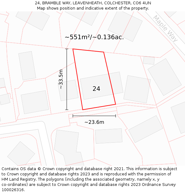 24, BRAMBLE WAY, LEAVENHEATH, COLCHESTER, CO6 4UN: Plot and title map