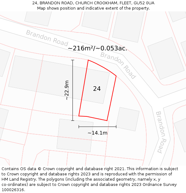 24, BRANDON ROAD, CHURCH CROOKHAM, FLEET, GU52 0UA: Plot and title map