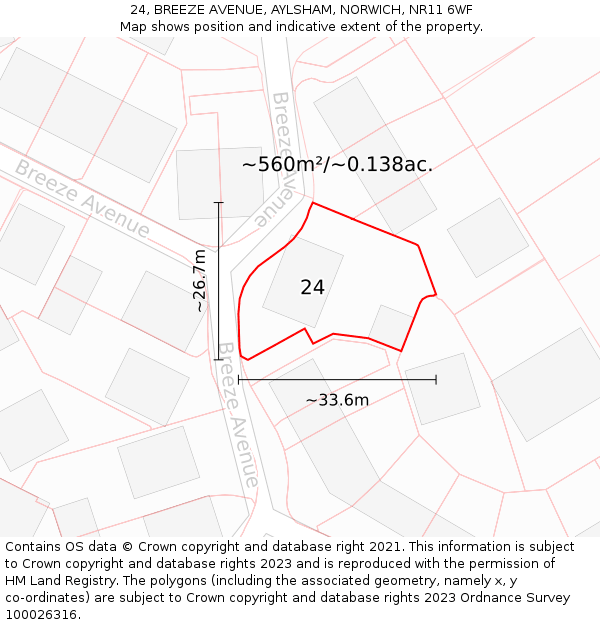 24, BREEZE AVENUE, AYLSHAM, NORWICH, NR11 6WF: Plot and title map
