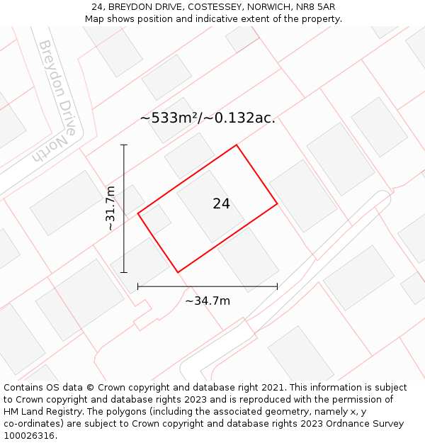 24, BREYDON DRIVE, COSTESSEY, NORWICH, NR8 5AR: Plot and title map
