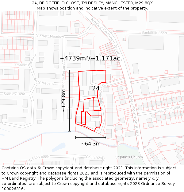 24, BRIDGEFIELD CLOSE, TYLDESLEY, MANCHESTER, M29 8QX: Plot and title map