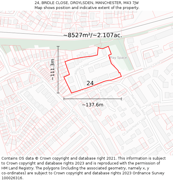 24, BRIDLE CLOSE, DROYLSDEN, MANCHESTER, M43 7JW: Plot and title map