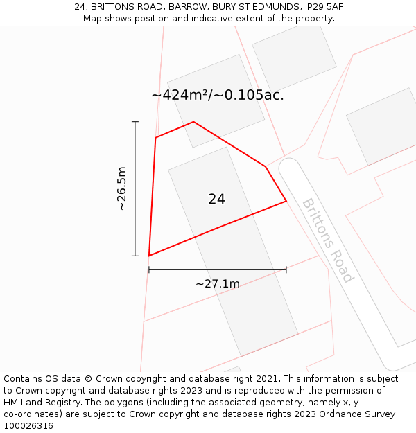 24, BRITTONS ROAD, BARROW, BURY ST EDMUNDS, IP29 5AF: Plot and title map