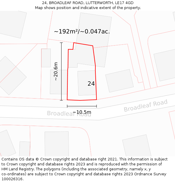 24, BROADLEAF ROAD, LUTTERWORTH, LE17 4GD: Plot and title map