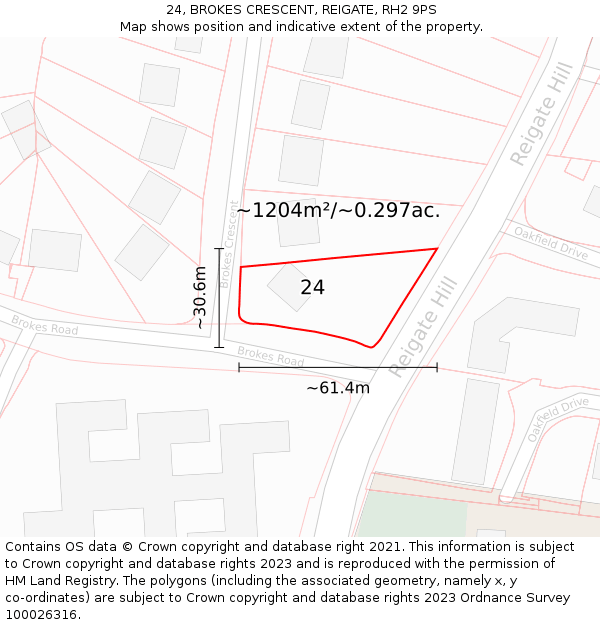24, BROKES CRESCENT, REIGATE, RH2 9PS: Plot and title map
