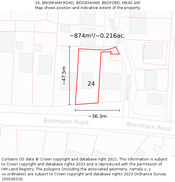 24, BROMHAM ROAD, BIDDENHAM, BEDFORD, MK40 4AF: Plot and title map