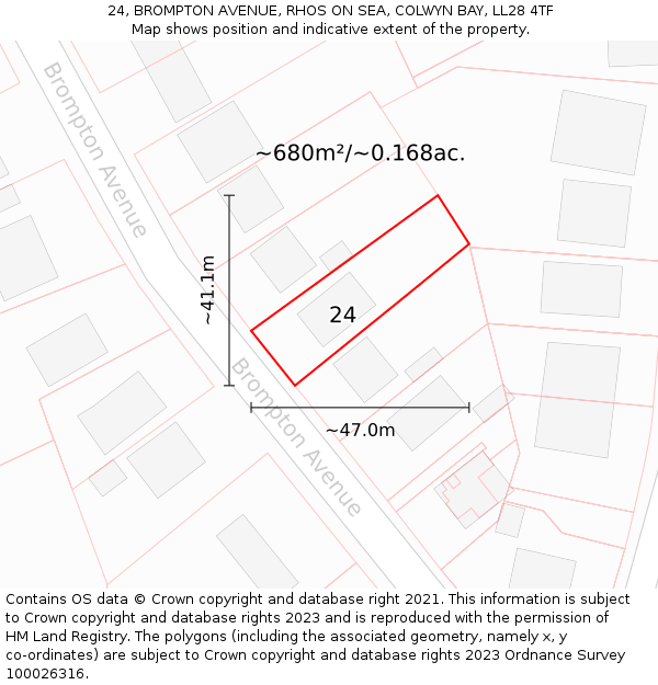 24, BROMPTON AVENUE, RHOS ON SEA, COLWYN BAY, LL28 4TF: Plot and title map