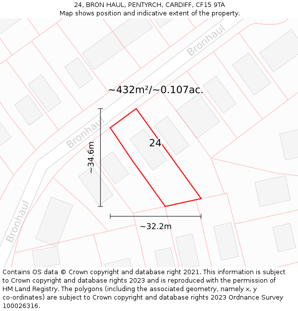 24, BRON HAUL, PENTYRCH, CARDIFF, CF15 9TA: Plot and title map