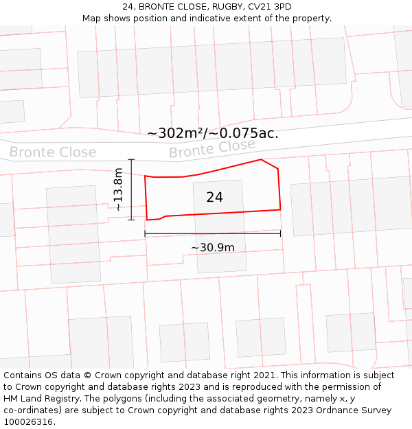 24, BRONTE CLOSE, RUGBY, CV21 3PD: Plot and title map