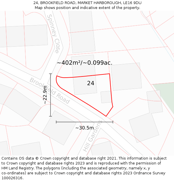 24, BROOKFIELD ROAD, MARKET HARBOROUGH, LE16 9DU: Plot and title map
