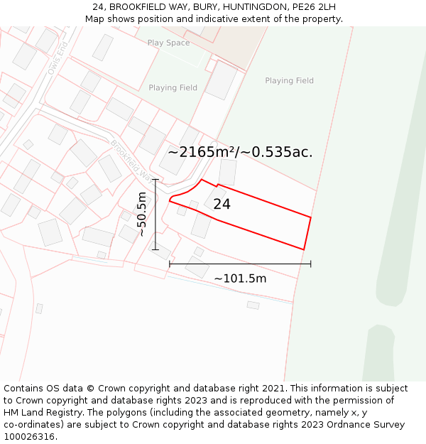 24, BROOKFIELD WAY, BURY, HUNTINGDON, PE26 2LH: Plot and title map