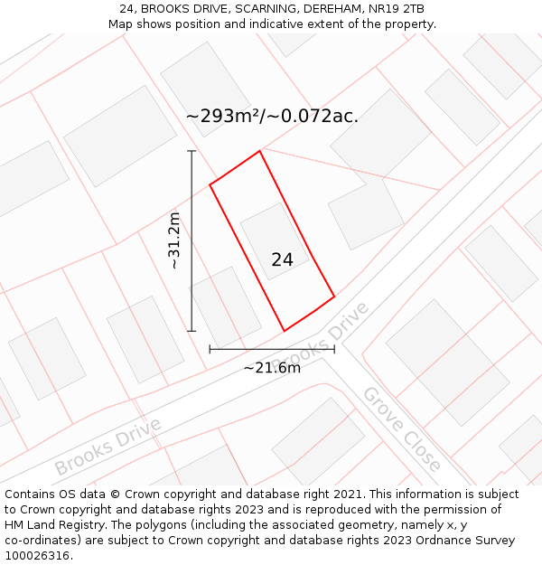 24, BROOKS DRIVE, SCARNING, DEREHAM, NR19 2TB: Plot and title map