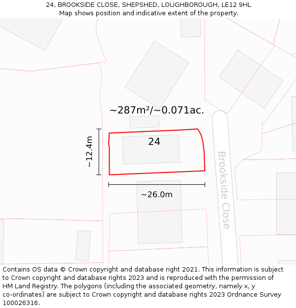 24, BROOKSIDE CLOSE, SHEPSHED, LOUGHBOROUGH, LE12 9HL: Plot and title map