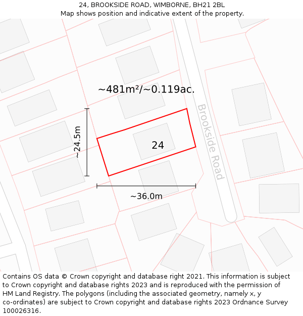 24, BROOKSIDE ROAD, WIMBORNE, BH21 2BL: Plot and title map