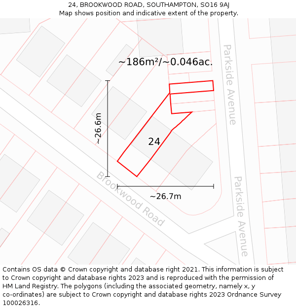 24, BROOKWOOD ROAD, SOUTHAMPTON, SO16 9AJ: Plot and title map
