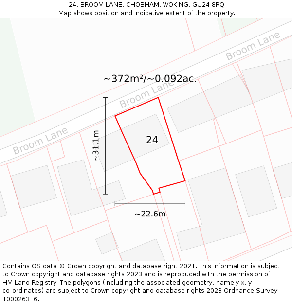 24, BROOM LANE, CHOBHAM, WOKING, GU24 8RQ: Plot and title map