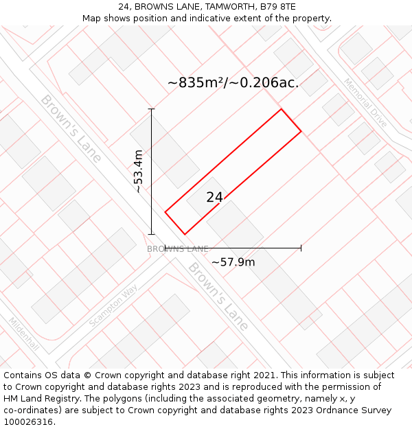 24, BROWNS LANE, TAMWORTH, B79 8TE: Plot and title map