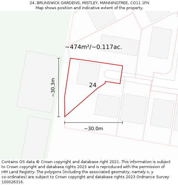 24, BRUNSWICK GARDENS, MISTLEY, MANNINGTREE, CO11 1FN: Plot and title map