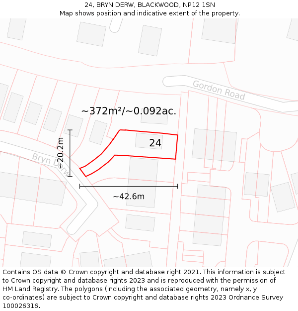 24, BRYN DERW, BLACKWOOD, NP12 1SN: Plot and title map