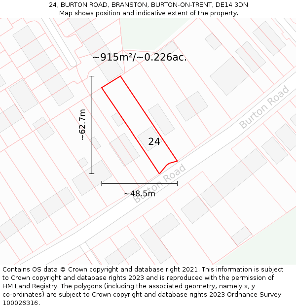 24, BURTON ROAD, BRANSTON, BURTON-ON-TRENT, DE14 3DN: Plot and title map