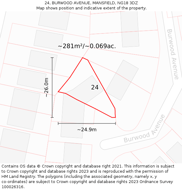 24, BURWOOD AVENUE, MANSFIELD, NG18 3DZ: Plot and title map