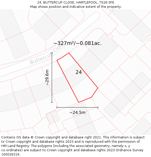 24, BUTTERCUP CLOSE, HARTLEPOOL, TS26 0FE: Plot and title map