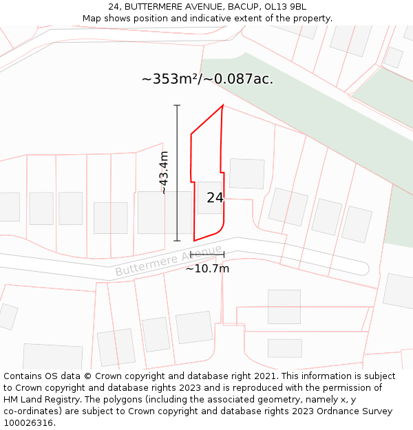 24, BUTTERMERE AVENUE, BACUP, OL13 9BL: Plot and title map